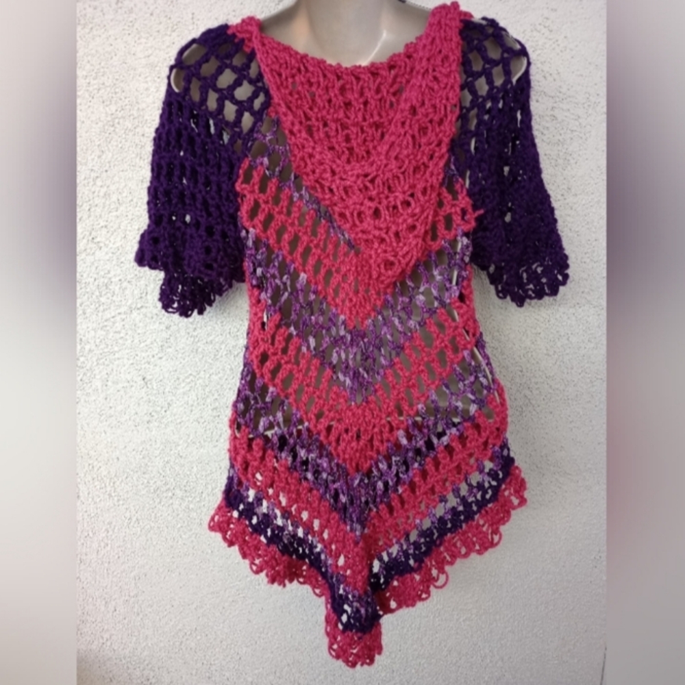 Crochet Hooded Short Sleeve Top Casual Boho Festival Concert Pink Purple Small